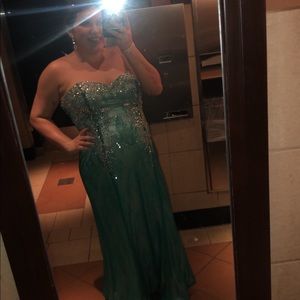 Strapless beaded and teal lace prom dress